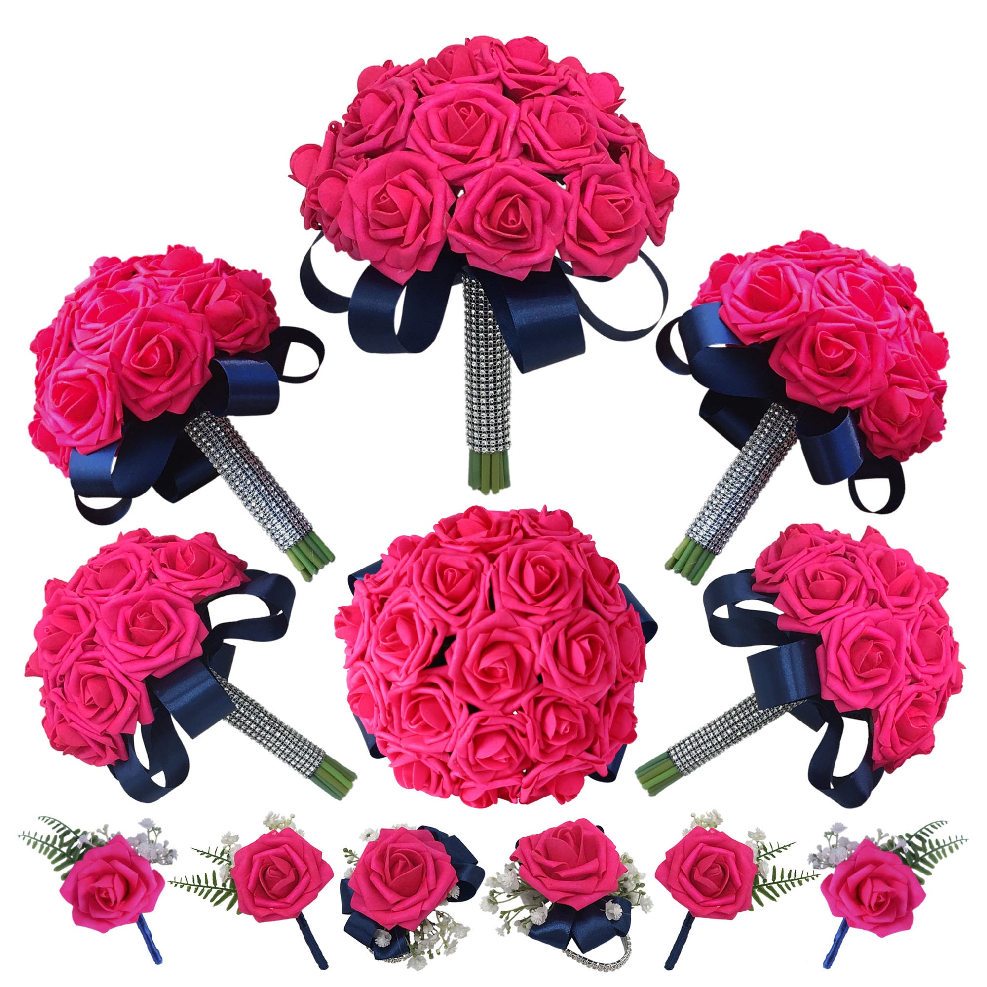 Bridal Hot Pink Bouquets Sets Corsages and Boutonnieres