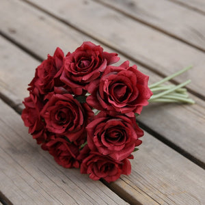 VANRINA Wedding Bouquet Flowers Silk Rose Bouquet for Bridesmaid Dark Red 1