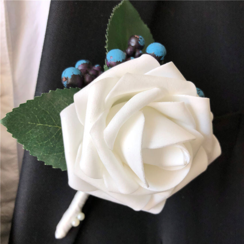 White Flower Boutineer Foam Roses Corsage and Boutonniere