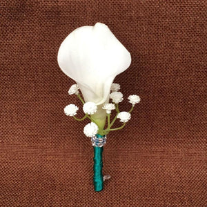 white calla lily teal ribbon boutonniere