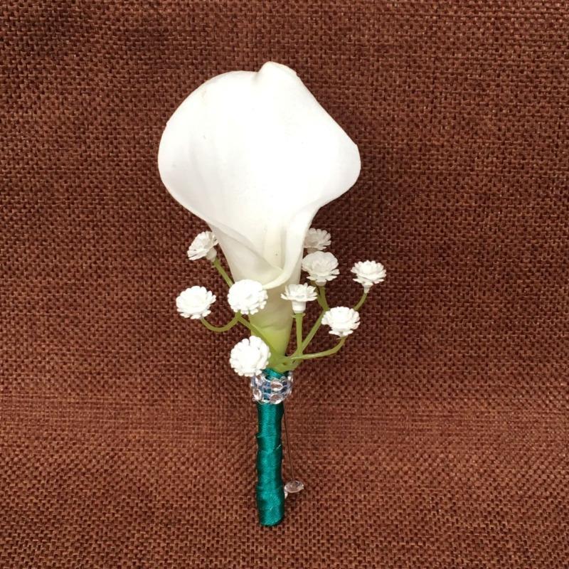 white calla lily teal ribbon boutonniere