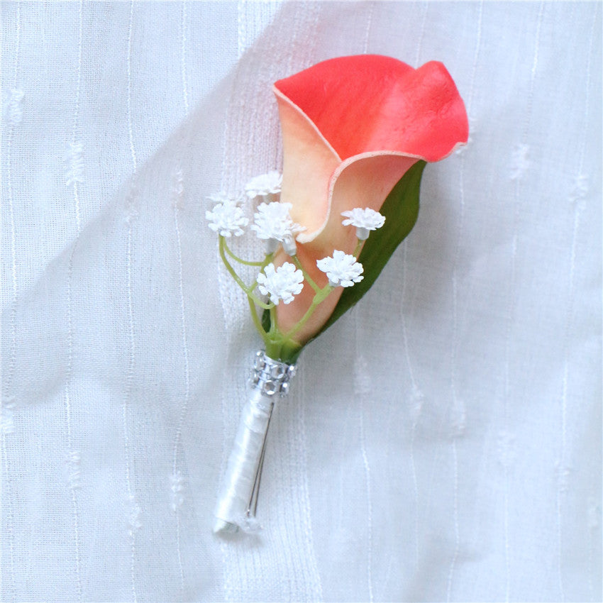 Groom Boutonniere Artificial Coral Calla Lily Boutineer