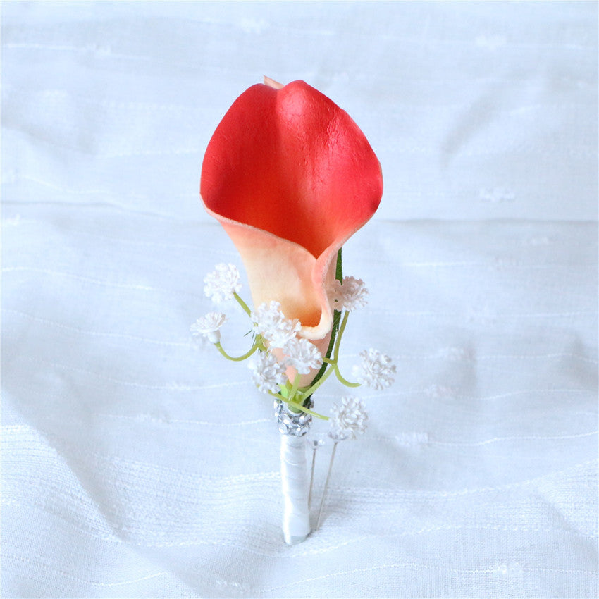 Groom Boutonniere Artificial Coral Calla Lily Boutineer