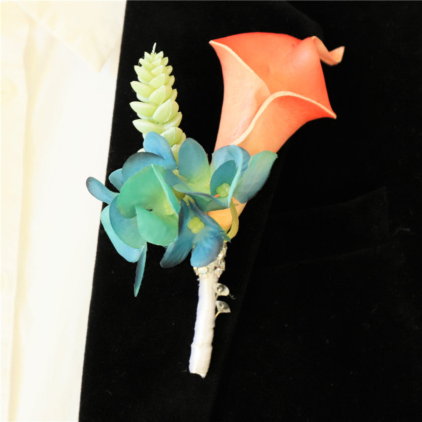 Calla Lily Coral Boutonniere Groom Teal Hydrangea