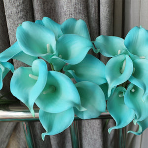 spa blue wedding flowers calla lilies