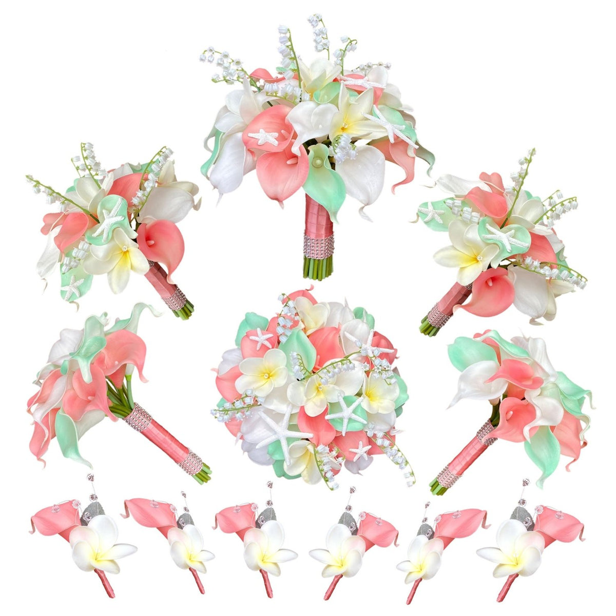 Beach Wedding Bridal Bouquet Coral Mint Calla Lily - VANRINA