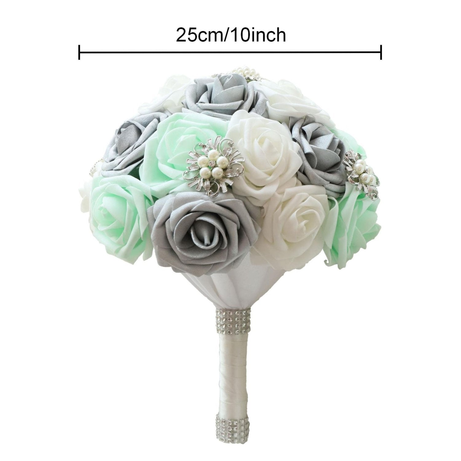 Bridal Bouquet Mint White Silver Roses - VANRINA