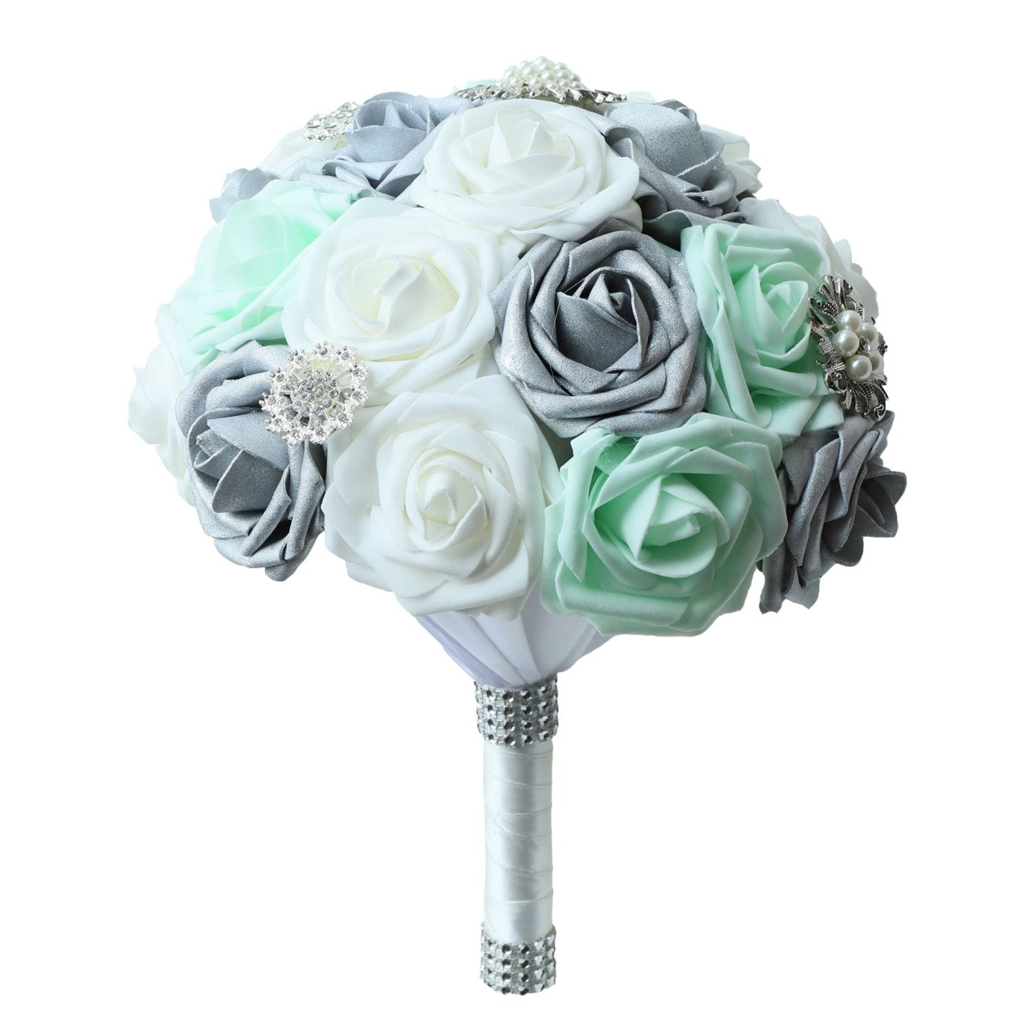 Bridal Bouquet Mint White Silver Roses - VANRINA