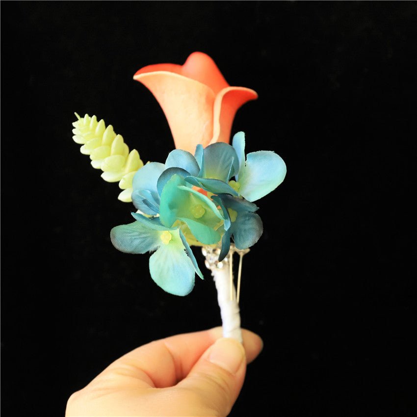 Calla Lily Coral Boutonniere Groom Teal Hydrangea - VANRINA