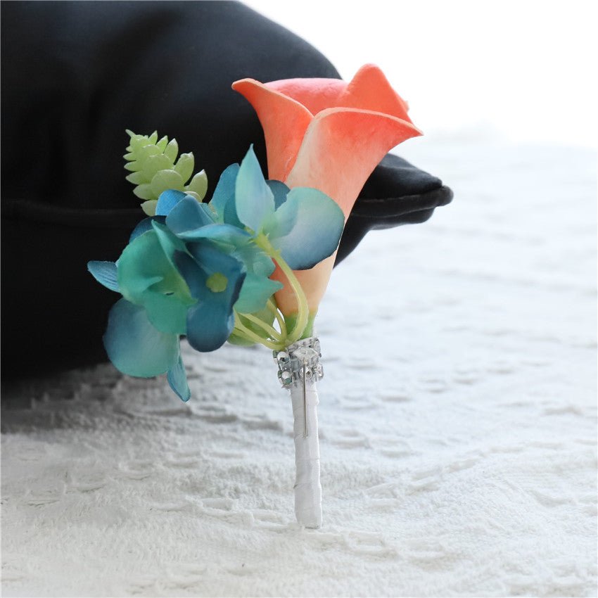 Calla Lily Coral Boutonniere Groom Teal Hydrangea - VANRINA