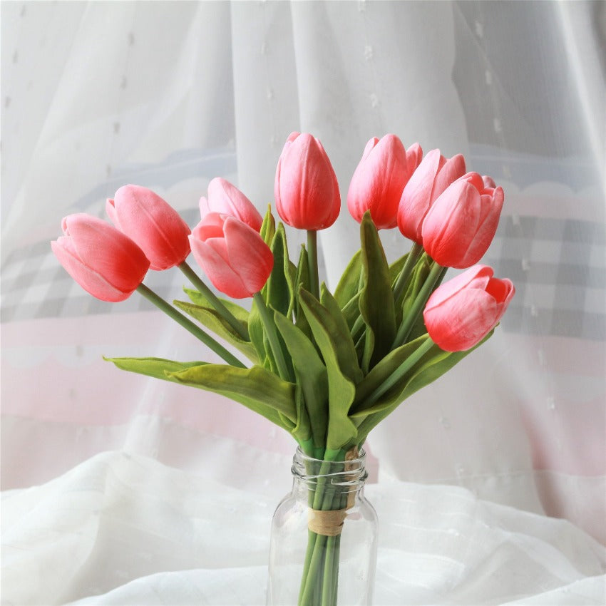 Coral Pink Tulip Bouquet Faux Wedding Flowers Tulip Decor