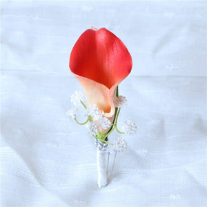 Groom Boutonniere Artificial Coral Calla Lily Boutineer - VANRINA