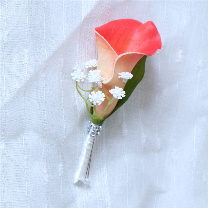 Groom Boutonniere Artificial Coral Calla Lily Boutineer - VANRINA
