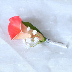 Groom Boutonniere Artificial Coral Calla Lily Boutineer - VANRINA