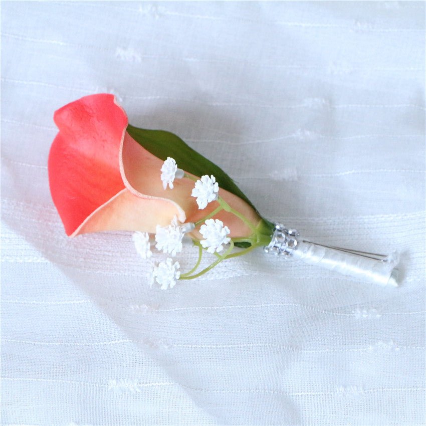 Groom Boutonniere Artificial Coral Calla Lily Boutineer - VANRINA
