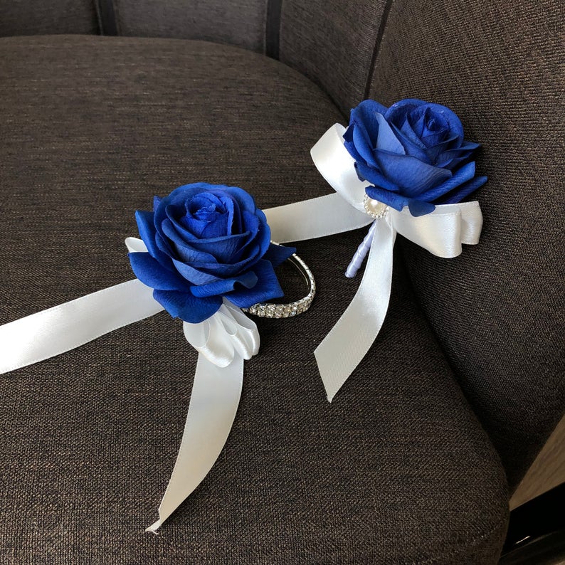royal blue boutonniere and corsage