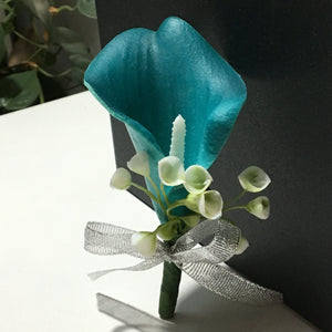 Teal Calla Lily Boutonnière For Groomsmen Latex Calla Fake Flower Button hole Corsages Groom Flowers XH-A02