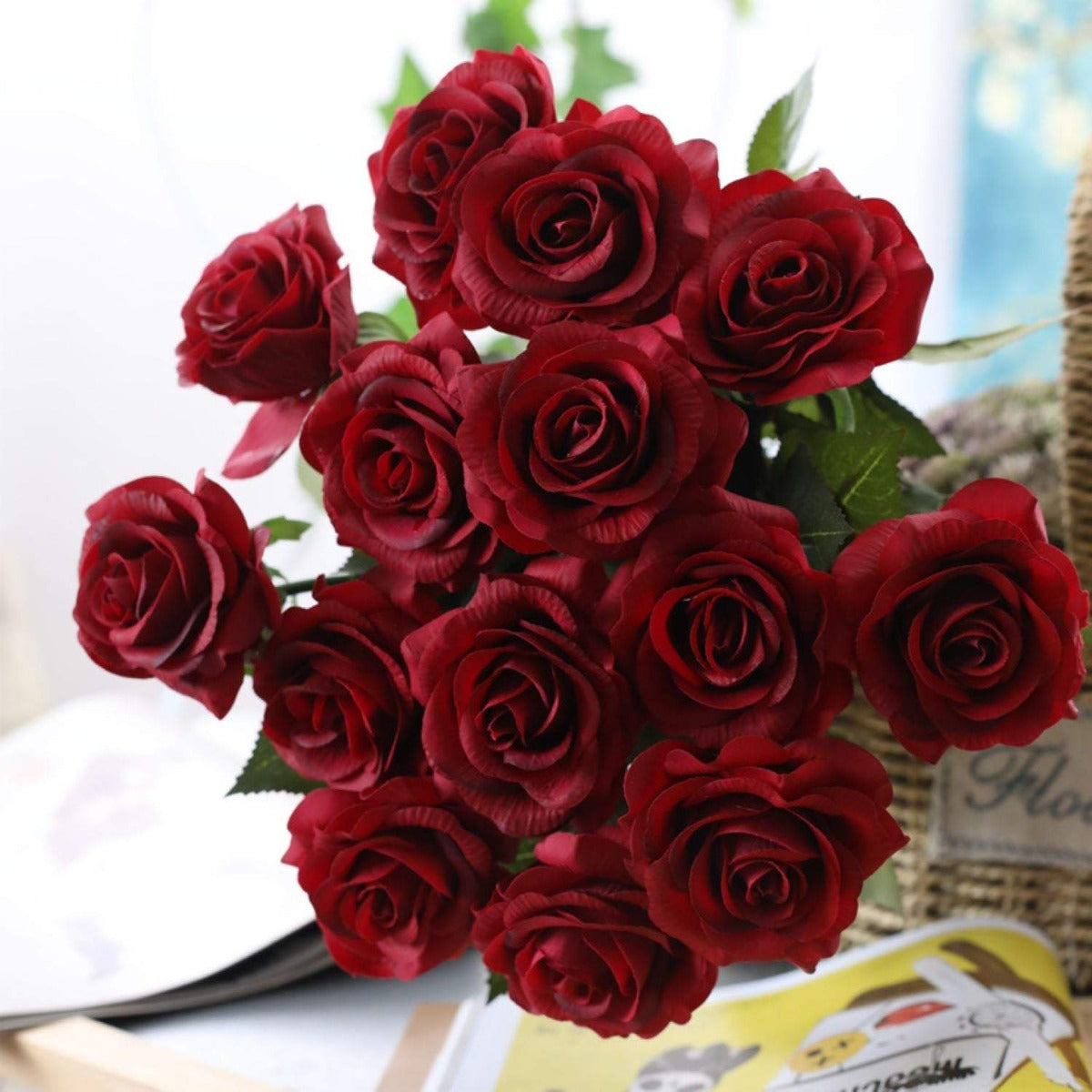 VANRIN Dark Red Roses Real Touch Flowers Burgundy 