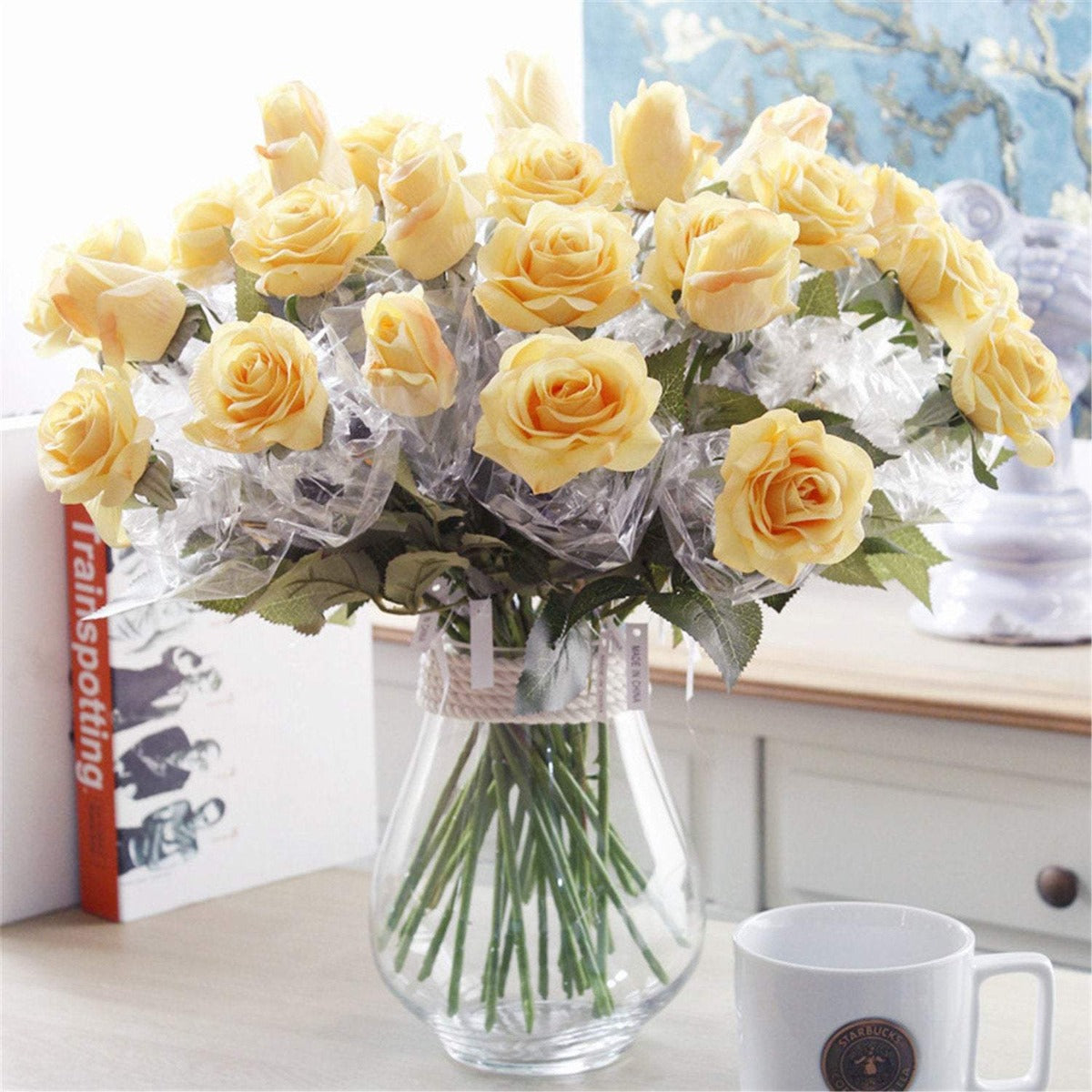 VANRINA Yellow Flowers Artificial Roses for Home Wedding Table Decor