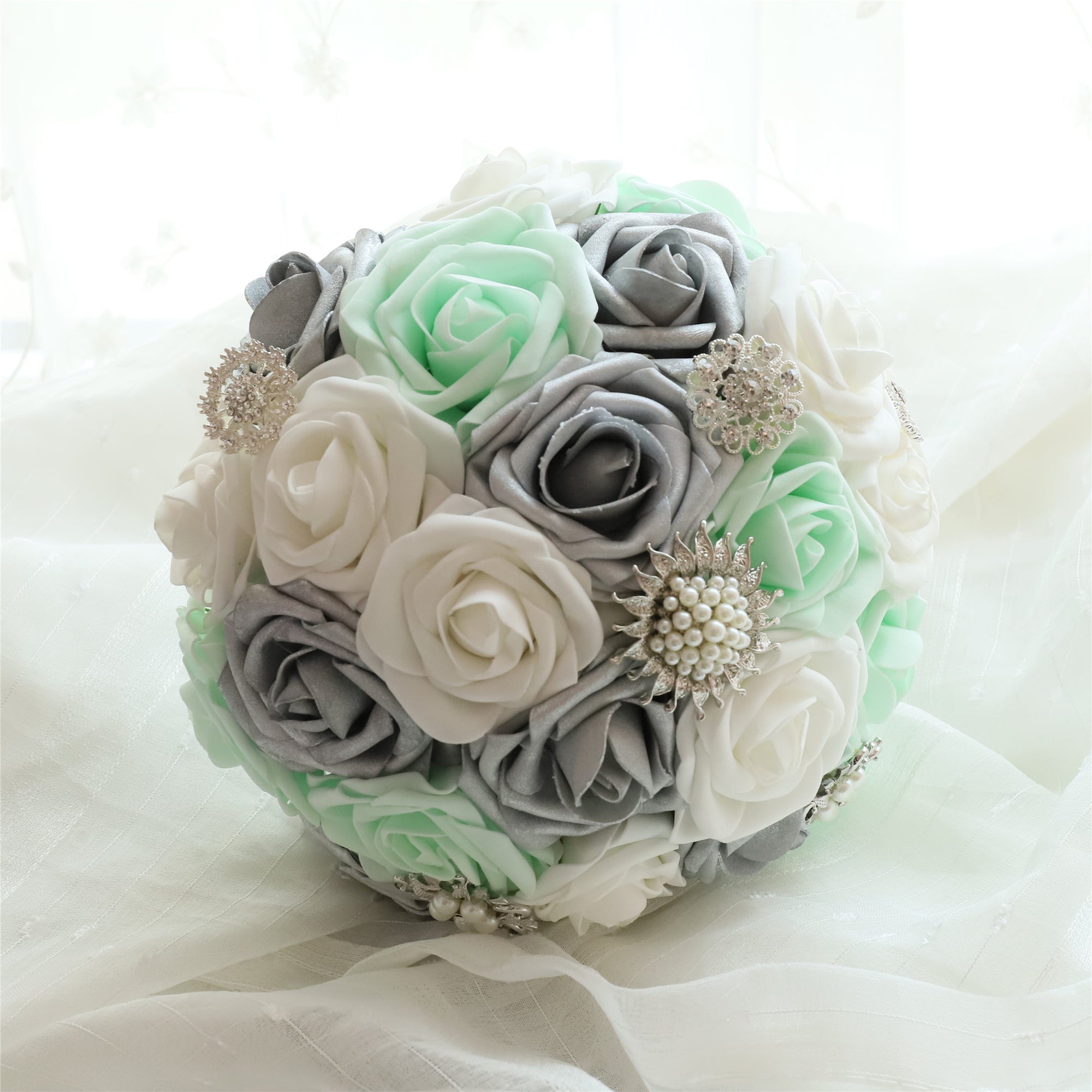 Mint Silver White Wedding Bouquet Bridal Flower