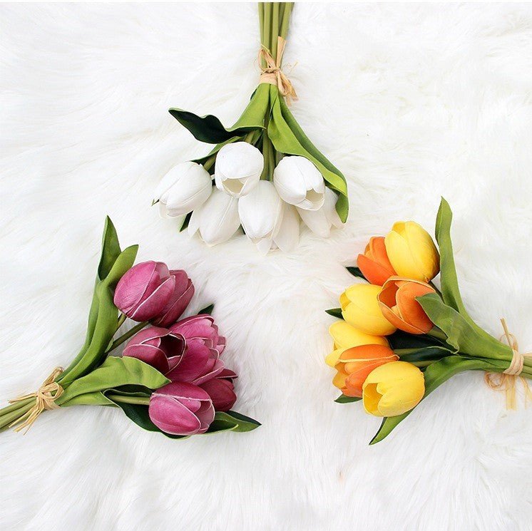 Natural Touch Tulips White Yellow Orange Plum Tulip Bouquet - VANRINA
