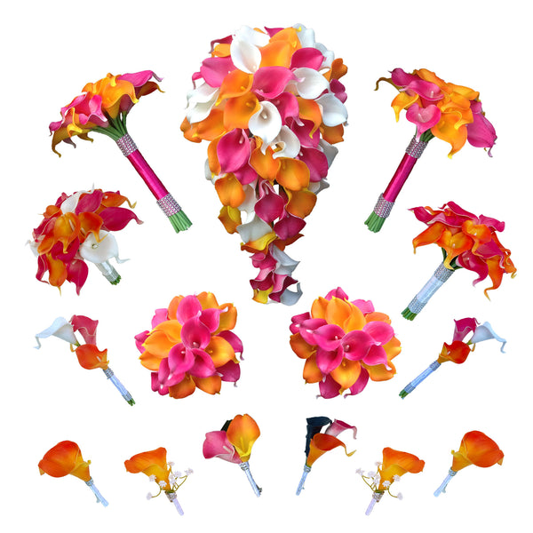 white and orange calla lily bouquet Orange Fuchsia White Calla Lily Cascade Bouquet