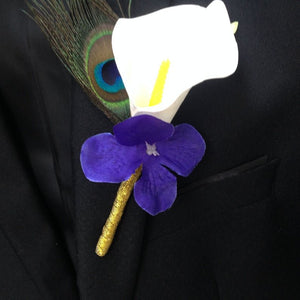 White Calla Lily Boutonniere with Peacock Feather - VANRINA