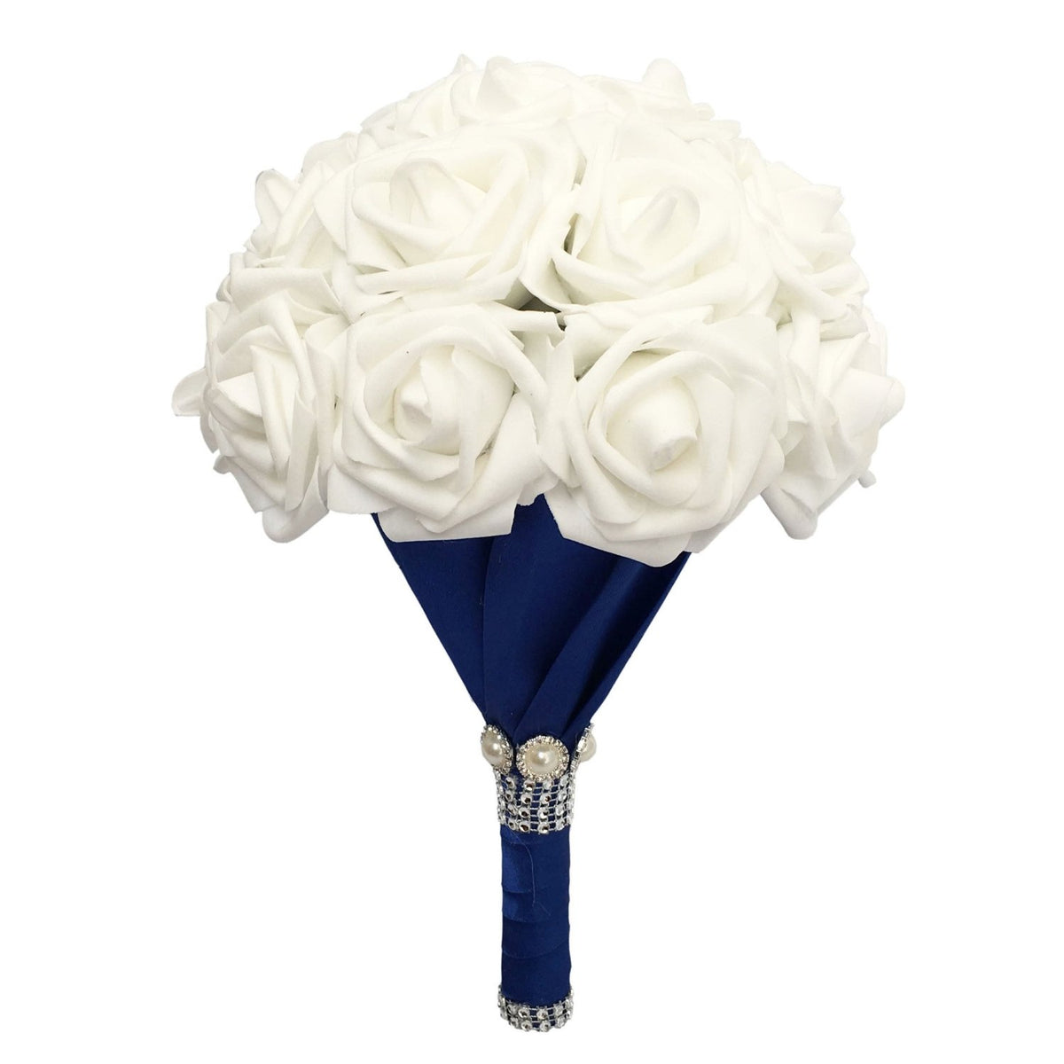 White Rose Bridal Bouquet with Royal Blue Ribbon - VANRINA
