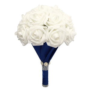White Rose Bridal Bouquet with Royal Blue Ribbon - VANRINA