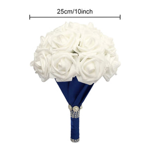 White Rose Bridal Bouquet with Royal Blue Ribbon - VANRINA